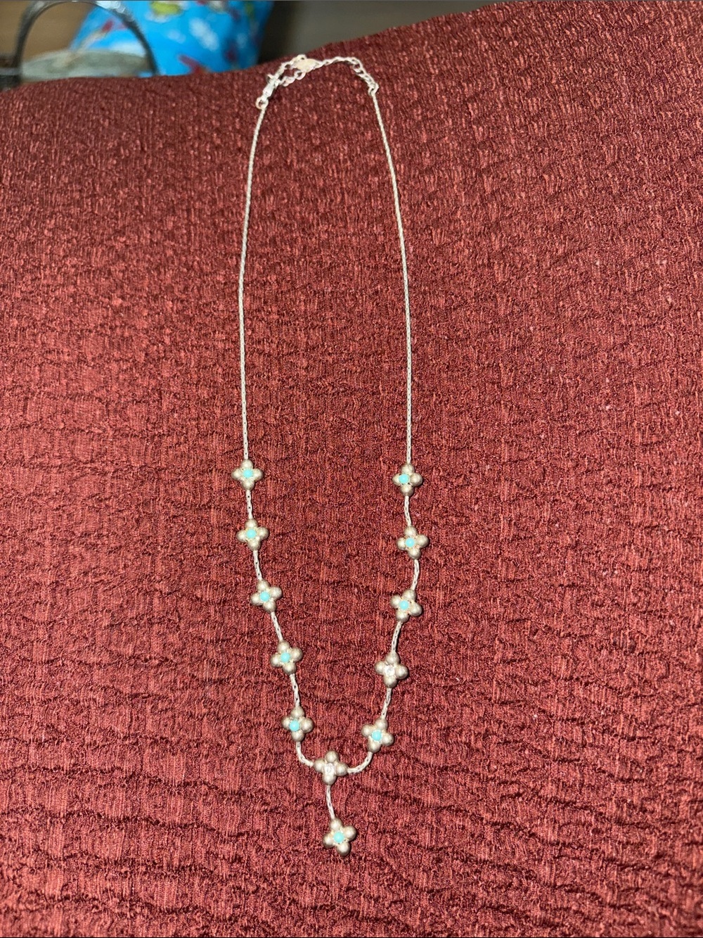 25-Liz Claiborne Silver Floral Pearl Station Necklace - Blue Pearl Accents
